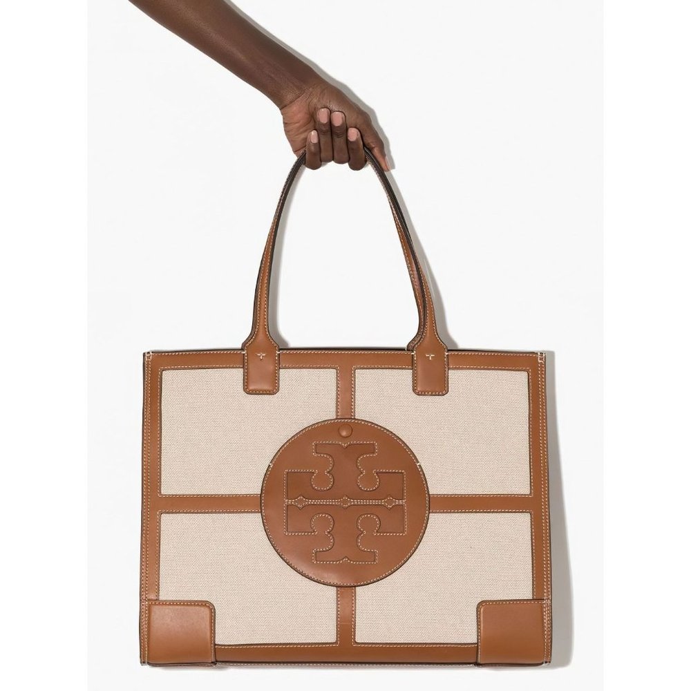 Tory Burch Ella Canvas Tote Quadrant Tote Bag Beige Brown - Picture 10 of 12